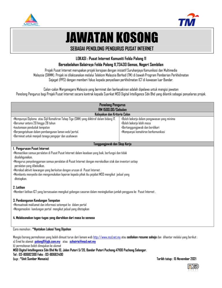 Iklan jawatan kosong Penolong Pengurus Pusat Internet Komuniti Felda Palong 11 1