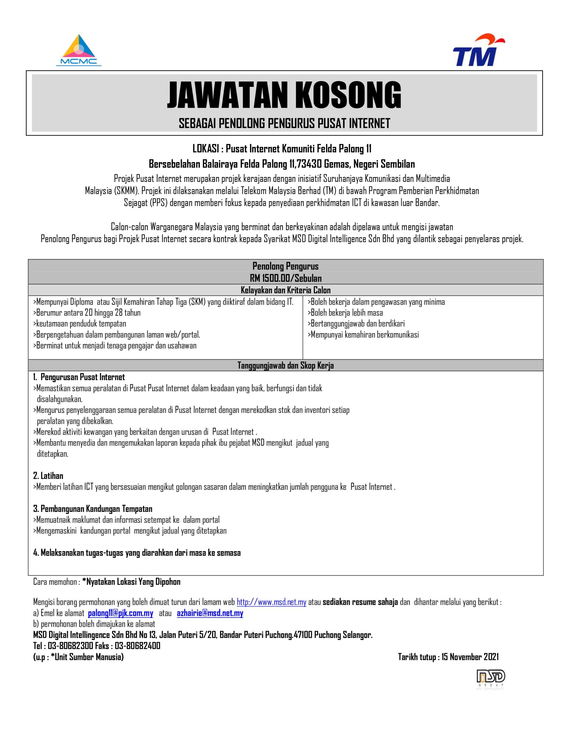 Iklan jawatan kosong Penolong Pengurus Pusat Internet Komuniti Felda Palong 11 1
