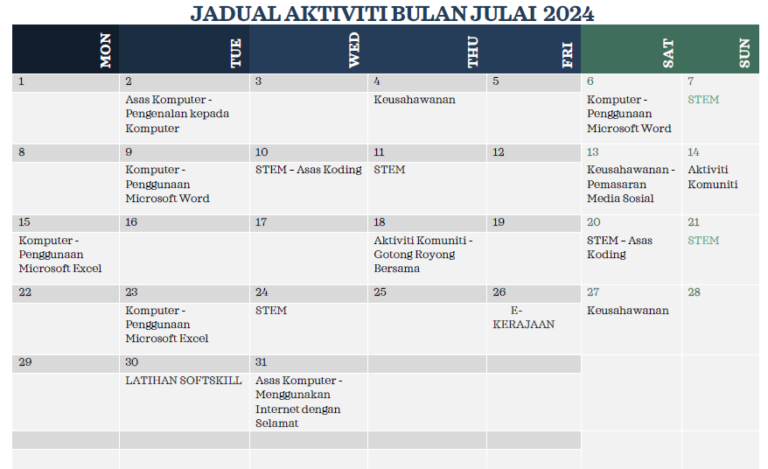 JADUAL AKTIVITI DAN PROGRAM JULAI 2024